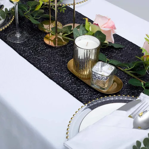 Miniatura 3 de JYFLZQ Camino de mesa de lentejuelas negras de 12 x 72 pulgadas, manteles de mesa de tela con lentejuelas negras brillantes - Caminos brillantes