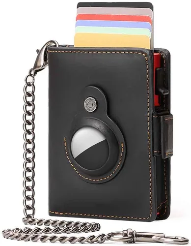 Soporte para AirTag - Cartera de piel auténtica para hombre, con bloqueo RFID, plegable, con cadena antirrobo, color marrón con caja de regalo,