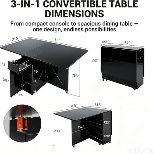 Miniatura 3 de Mesa de comedor plegable con cajón y estantes de almacenamiento, mesa de comedor plegable de 53" que ahorra espacio con 6 ruedas, mesa de hoja
