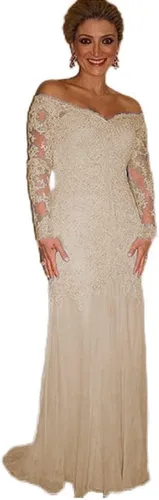 Mermaid Laces Mother of The Bride Dress with Long Sleeves Off Shoulder Formal Party Evening Gown HO16