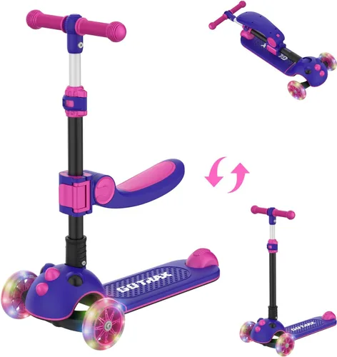 Gotrax KS3 Pro - Monopatín plegable para niños, asiento removible con una sola llave y 3 ruedas PU extra anchas con luces, antideslizante y Púrpura