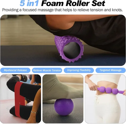 Miniatura 5 de JOYENERGY Juego de rodillos de espuma 5 en 1, rodillo de espuma de punto gatillo, barra de masaje, bola de masaje, correa de estiramiento