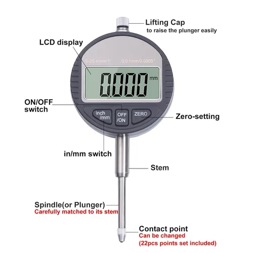 Miniatura 3 de Indicador de esfera digital electrónico con base magnética ajustable de precisión, brazo largo 0-1" / 25.4mm, conversión de pulgadas/metros, medidor