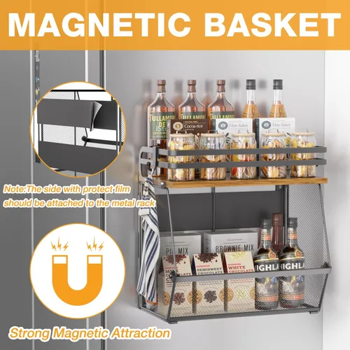 Miniatura 3 de Estante magnético para refrigerador con tapa de madera, estante magnético de gran capacidad para especias para refrigerador y cocina, contenedor