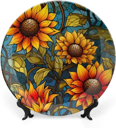 Miniatura 13 de Platos decorativos, pájaro azul y flores, pintura de vitrales, plato de cena de cerámica para el hogar con soporte de exhibición, decoración