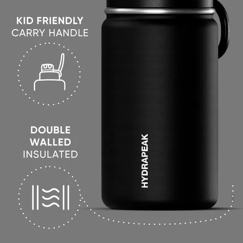 Miniatura 3 de Hydrapeak Mini botella de agua de 14 onzas con tapa con popote, botella de agua aislada de doble pared de acero inoxidable Botella de agua a Negro