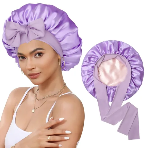 Miniatura 27 de Gorro de satén de seda para dormir, gorro de seda de doble capa con banda elástica para cabello rizado Negro+marrón