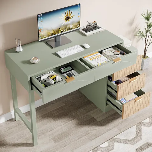 Miniatura 5 de Tribesigns Escritorio de computadora con 5 cajones, escritorio pequeño reversible para escribir con almacenamiento, mesa de estudio de madera