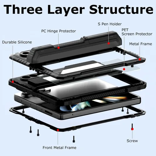 Miniatura 3 de Funda de metal para Samsung Galaxy Z Fold 4 con soporte para bolígrafo S, funda militar resistente Z Fold4 con protector de pantalla integrado, Negro