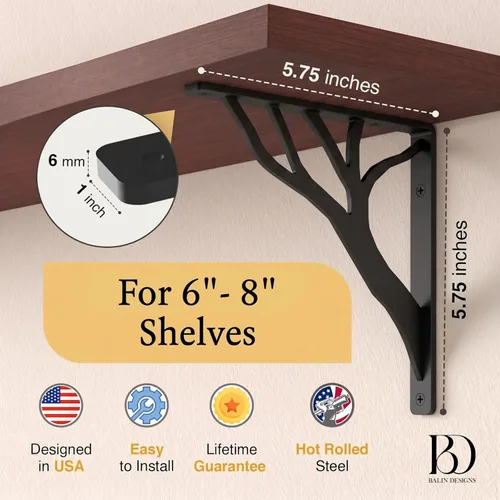 Miniatura 2 de Soportes de estante rústicos negros resistentes de 6 pulgadas de Balin Designs, soportes decorativos en L, soporte de estante flotante de hierro
