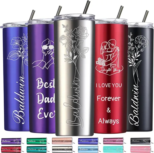 Miniatura 15 de Regalos personalizados para mujer, vaso personalizado grabado con flor de nacimiento de 20 onzas, vaso delgado con nombre personalizado con tapas