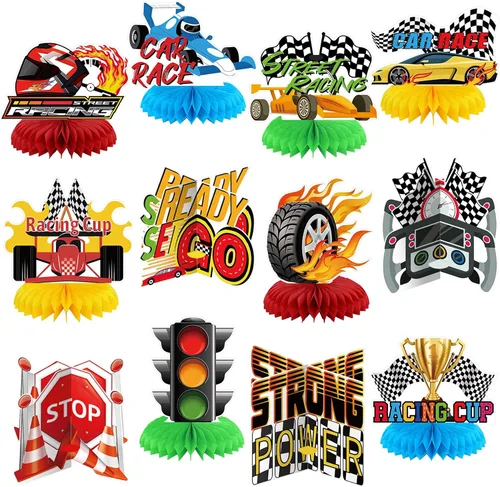 12 piezas temáticas de decoración de fiesta de cumpleaños de coche de carreras, centros de mesa 3D de doble cara para cabina de fotos, suministros
