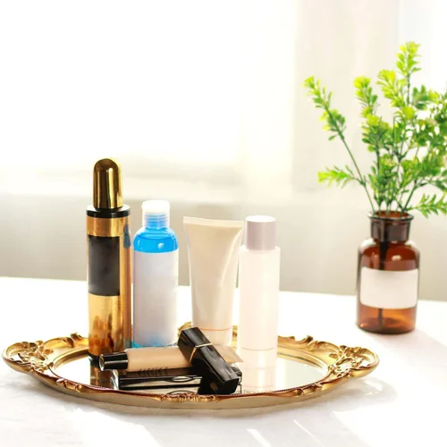 Miniatura 3 de Polyresin Ellipse - Bandeja decorativa antigua para espejo, organizador de maquillaje, organizador de joyas, bandeja para servir, 9.8 x 14.6 Dorado