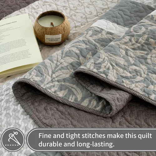 Miniatura 4 de KALOOLA Colchas de granja tamaño Queen – Juego de ropa de cama acolchado ligero 100% algodón, 3 piezas, colcha botánica a rayas estampada con 2