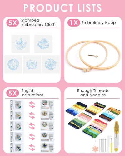 Miniatura 2 de TINDTOP 5 juegos de bordado para principiantes adultos, kit de bordado para principiantes, incluye aros de tela de bordado, hilos para amantes