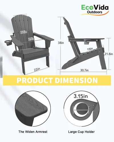 Miniatura 2 de Juego de sillas plegables Adirondack de 3 piezas, respaldo extra alto de 38 pulgadas y grano de madera en relieve, muebles de patio de polietileno