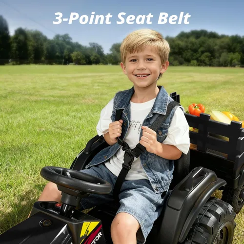 Miniatura 4 de Hikiddo Juguete tractor de paseo para niños de 24 V, tractor eléctrico para niños de 3 a 8 años con remolque, motores de 2 x 200 W, color negro