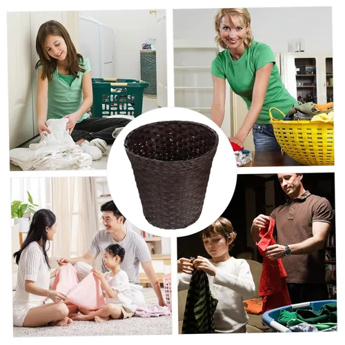 Miniatura 6 de Garneck Recipientes de basura de paja de imitación con tapas, cubo de basura de bambú personalizado, pequeño bote de basura automático para baño