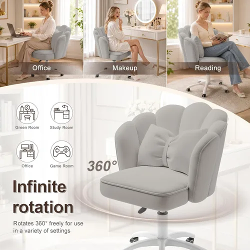 Miniatura 6 de Silla de tocador con ruedas, silla de escritorio de pétalos de terciopelo, silla tapizada para la oficina en casa, para mujeres y niñas, silla