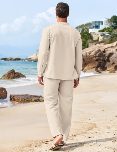 Miniatura 3 de COOFANDY Conjunto de 2 piezas de lino para hombre, camisas Henley de manga larga, pantalones casuales de playa con bolsillos, trajes de yoga