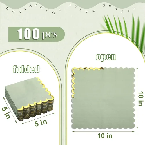 Miniatura 2 de Panelee Paquete de 100 servilletas de cóctel verde salvia con lámina dorada de 2 capas de postre plegadas de 5 x 5 pulgadas, servilletas desechables