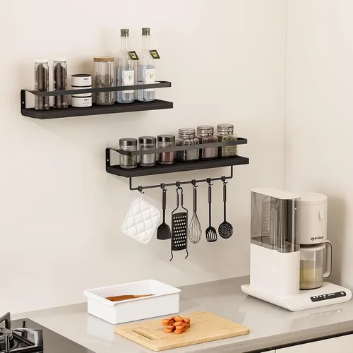 Miniatura 5 de Estantes de baño con toallero, estantes flotantes para baño, cocina, dormitorio, madera de paulownia, marco de metal negro mate, juego de 2