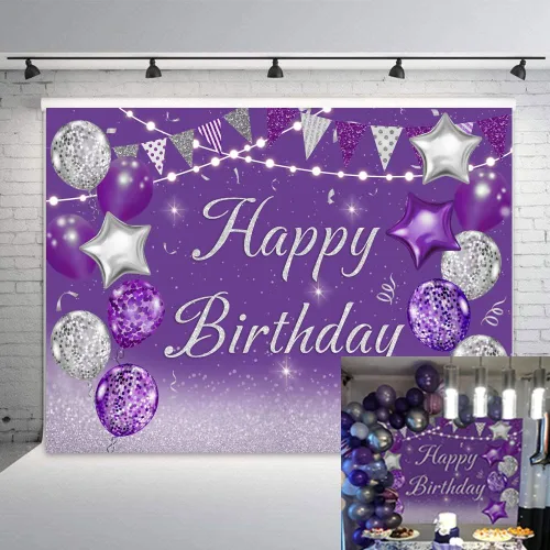 INRUI Telón de fondo morado para fotografía de cumpleaños, globos plateados con purpurina para niñas y mujeres, pancarta de decoración de fiesta de
