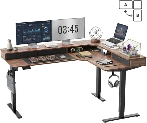 Miniatura 11 de CubiCubi 63x48 Inches L Shaped Standing Desk with 3 Drawers and Monitor Shelf, Height Adjustable Corner Computer Desk with Hooks, Sit Stand Up
