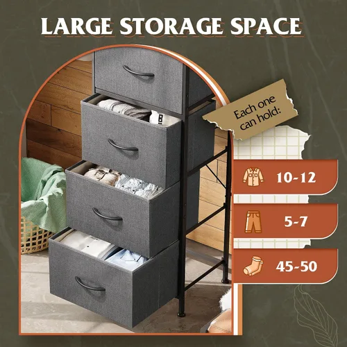 Miniatura 5 de WLIVE Cómoda de tela, cómoda alta de 5 cajones para dormitorio, organizador de almacenamiento con cubos de tela, parte superior de madera, marco