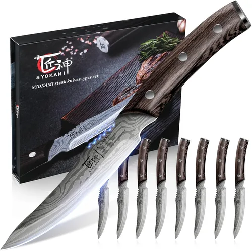 Miniatura 9 de SYOKAMI Juego de 2 cuchillos para carne, 4.8 pulgadas, estilo japonés de alta gama, filo fino con mango de madera, diseño de espiga completa