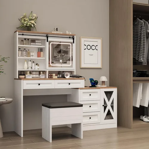Miniatura 8 de ALBAD - Escritorio de tocador de granja de 56 pulgadas con espejo y luces, color blanco Rustic Makeup Vanity Table/Dresser, Charging Station Power