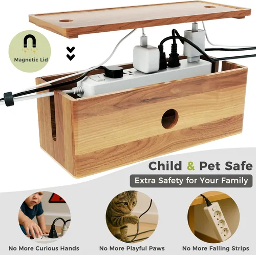 Miniatura 3 de Caja grande de madera de acacia para cables de alimentación, corrector de cable de perfil bajo para cables de piso y cables de extensión, protector