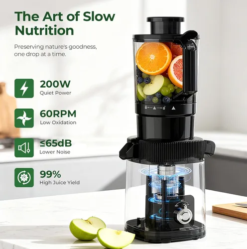 Miniatura 3 de Máquina exprimidora lenta de prensa en frío, exprimidor compacto de masticación lenta para verduras y frutas, canal de alimentación de 4.4 pulgadas