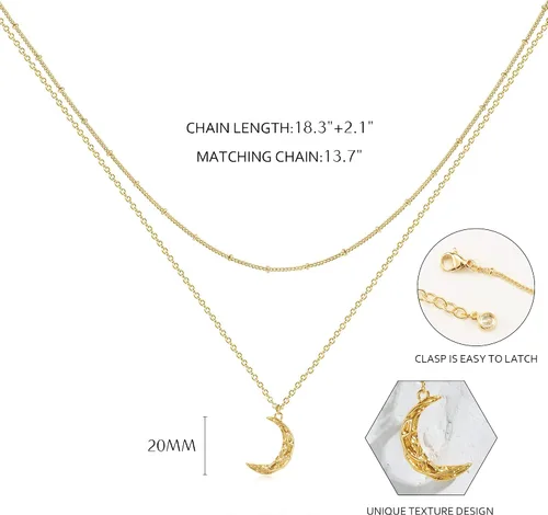Miniatura 4 de Collar de estrella de luna en capas con circonita cúbica chapada en oro de 14 quilates, delicado dije de luna creciente, collar de disco de moneda