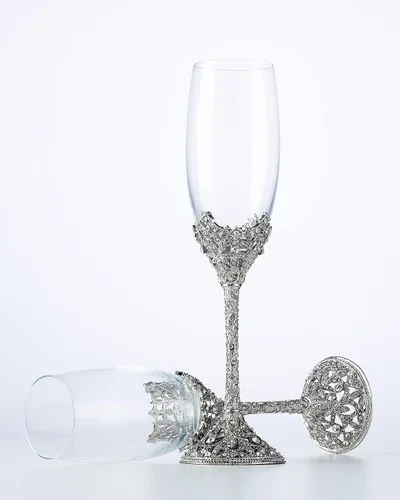 Miniatura 3 de Copas de champán – Base de metal de cristal con piedras de cristal, juego de 2 pares de flautas de tostado, boda, aniversario, fiesta, cumpleaños