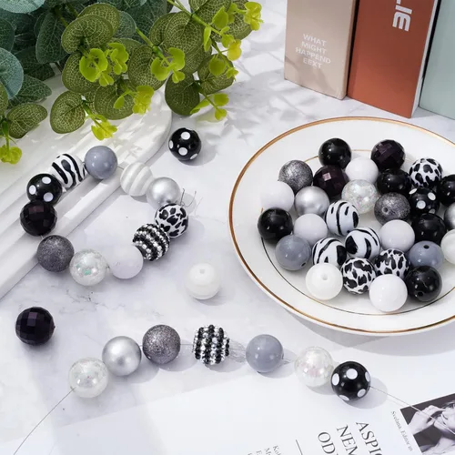 Miniatura 4 de Whaline 50 cuentas de goma de mascar gruesas de 0.78 pulgadas (0.787 in), 12 estilos mixtos de color negro, blanco y gris, cuentas espaciadoras