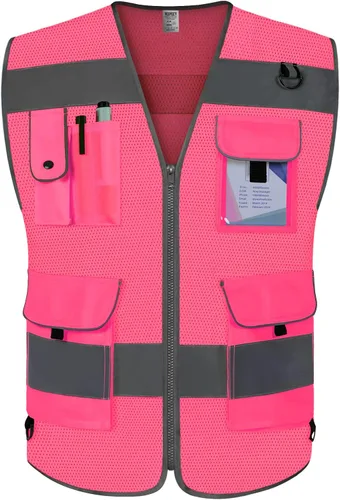 Miniatura 12 de TCCFCCT Hi Vis Chaleco de seguridad reflectante de alta visibilidad con 9 bolsillos para hombres y mujeres, chaleco de construcción con tiras