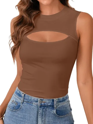 Miniatura 27 de Vrtige Camiseta sin mangas sexy con cuello redondo para mujer, de punto acanalado, sin mangas, ajustada
