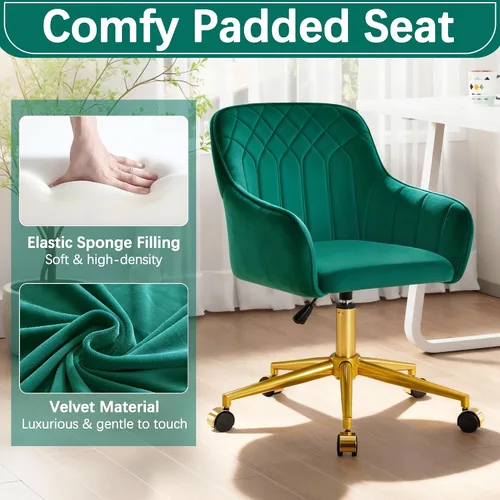 Miniatura 5 de VECELO Silla de escritorio de oficina en casa moderna de terciopelo giratoria con respaldo y ruedas, altura de asiento ajustable para niñas, Verde