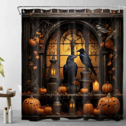 Miniatura 18 de LB Cortina de ducha de feliz Halloween para baño, flamenco rosa y calabaza naranja con sombrero mágico, cortina de ducha de tela con ganchos, juego