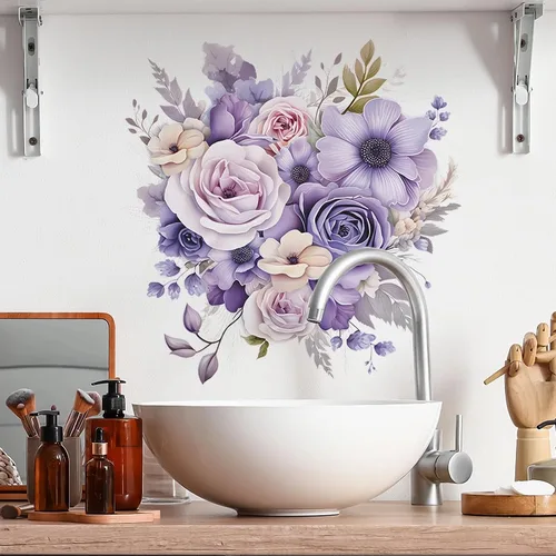 Miniatura 3 de Calcomanías de pared de flores de margaritas y rosas moradas, calcomanías de pared de arte floral romántico en acuarela extraíble, vinilo extraíble