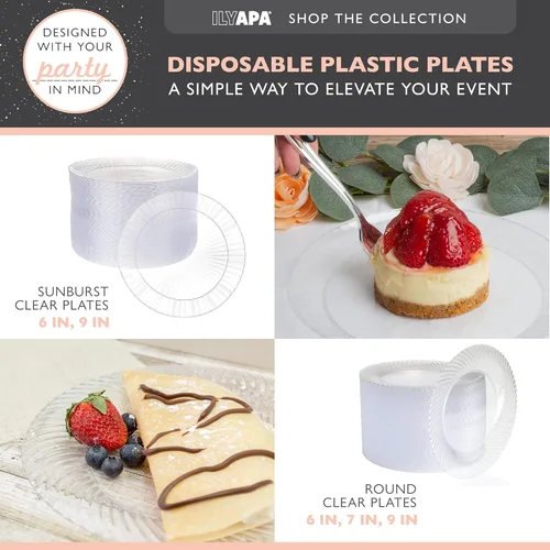 Miniatura 9 de Ilyapa Paquete de 100 platos de postre desechables de 9 pulgadas, juegos de fiesta de plástico transparente para 100 invitados, platos transparentes