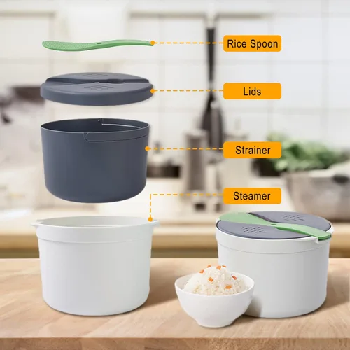 Miniatura 4 de Arrocera de microondas de 2 litros, utensilios de cocina para microondas con tapa y colador, olla de vapor de arroz para microondas PP de grado