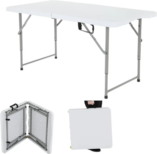 Dkelincs Mesa plegable de 4 pies | Mesa de picnic portátil | Mesa de comedor plegable resistente | Diseño plegable por la mitad con mango y patas de
