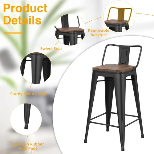 Miniatura 7 de Yongchuang Juego de 4 taburetes de bar giratorios de 26 pulgadas con respaldo, taburetes de bar industriales de metal negro con asiento de madera