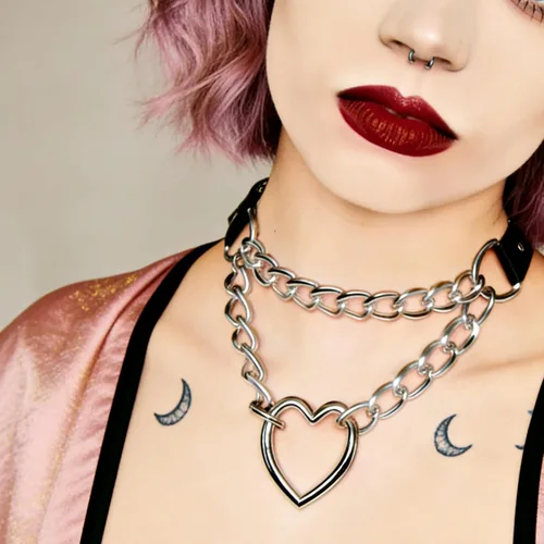 Miniatura 4 de Eigso Gargantilla gótica con cadena de corazón para mujer, gargantilla de cuero punk, collares Emo Grunge, collar para fiesta de los años 80