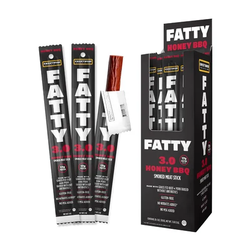 FATTY - Palitos de carne de vacuno, paquete de 20 unidades, carne de res extra grande alimentada con hierba y cerdo sin antibióticos, 3 onzas, sin