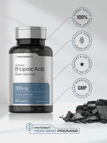 Miniatura 6 de Horbäach Ácido R-lipoico estabilizado de 300 mg 60 cápsulas con optimizador de biotina Sin OMG, sin gluten Suplemento Na-RALA
