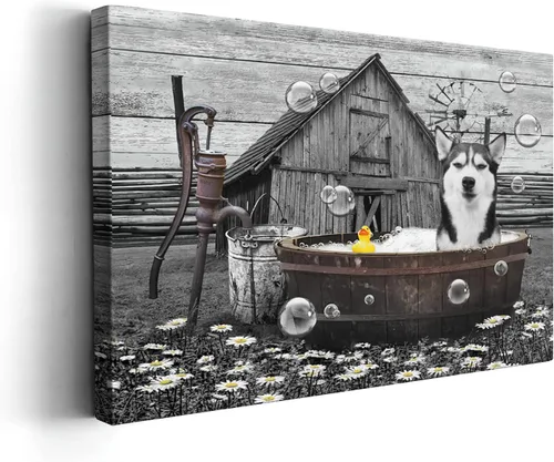 Miniatura 14 de Kasluolo Divertido arte de pared de perro Beagle para decoración de baño, lindo beagle sentado en la bañera, lienzo impreso pintura de animales
