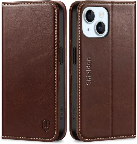 Miniatura 11 de SHIELDON Funda para iPhone 15 6.1" 2023, Funda Tipo Cartera de Cuero Genuino con [Soporte] [Tarjetero con Bloqueo RFID] [Magnética] Cubierta